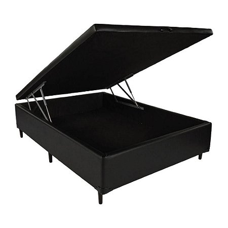 Base Cama Box Com Bau Casal Couro Sintético Preto 43x138x188