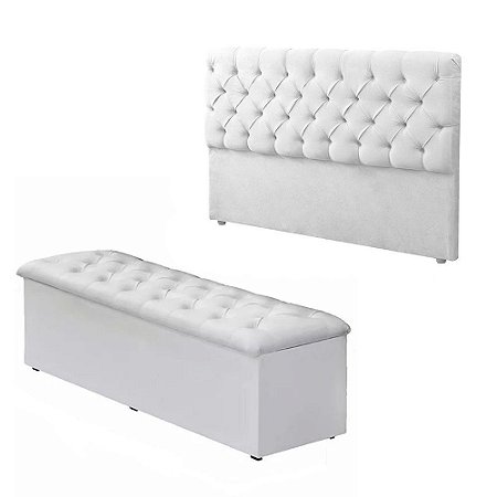 Kit Baú Recamier + Cabeceira Sonho King Couro Sintético Branco