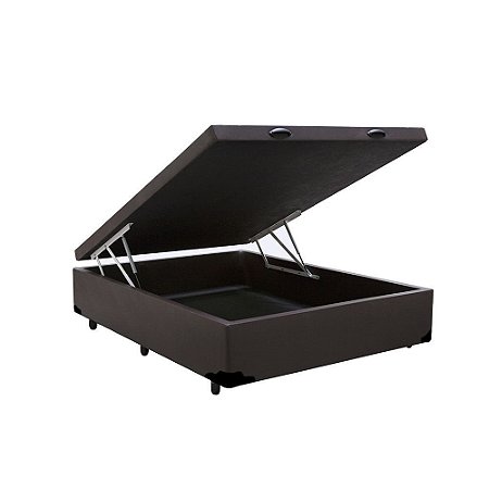 Base Cama Box Com Baú Blindado Casal Couro Sintético Marrom 43x138x188