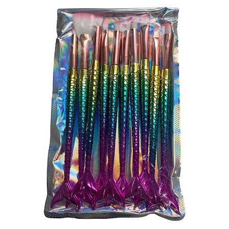 Kit com 10 Pincéis para Maquiagem Sereia