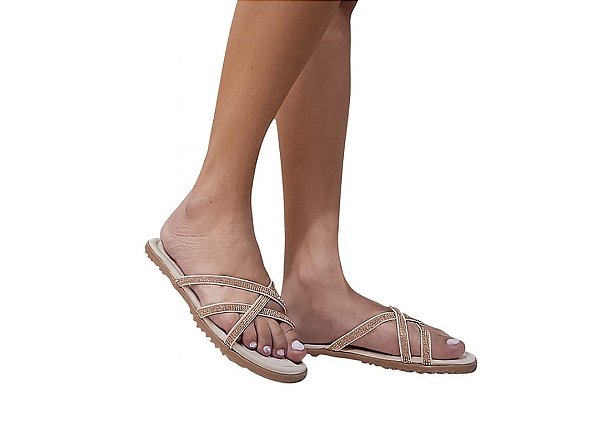 Rasteirinha Feminina Branco com Pedrarias Rose • Leve, Confortável e Sofisticada