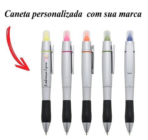 Caneta Plástica 2 EM 1  Marca Texto E azul Personalizada com sua logo (50 UNID)