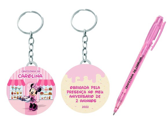 Kit Chaveiro Minie Confeitaria com HOLOGRAFIA+ caneta ( 15 unidades )