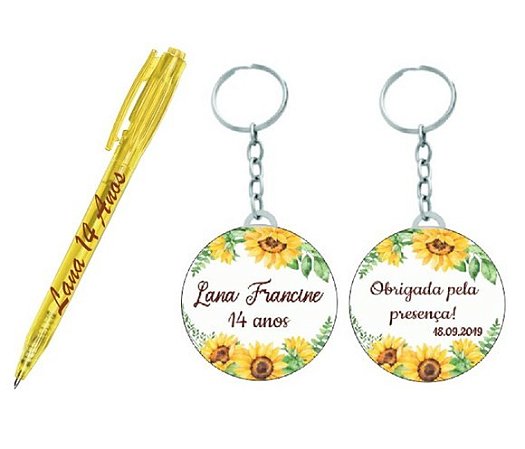 KIT Caneta + Chaveiro Girassol Personalizado  ( 15 unidades )
