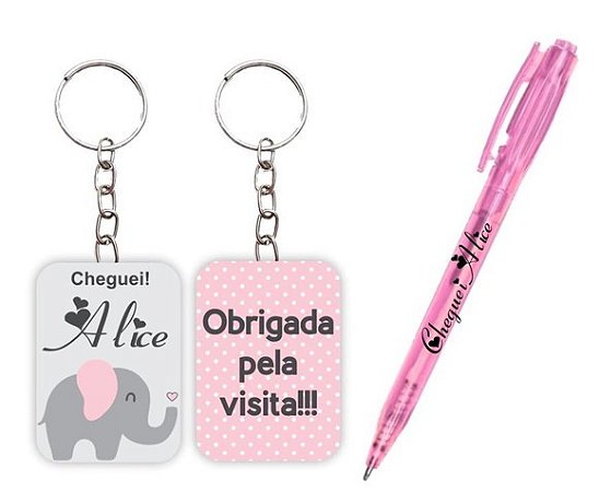 Kit Chaveiro + Caneta Personalizados Elefantinha ( 15 UNIDADES )