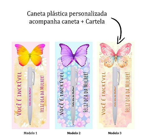 Caneta Plástica Dia das Mulheres com cartela personalizada