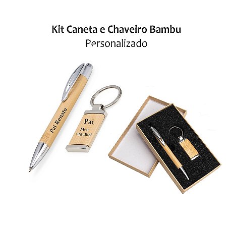 Kit Caneta e Chaveiro Bambu Personalizado Dia dos Pais