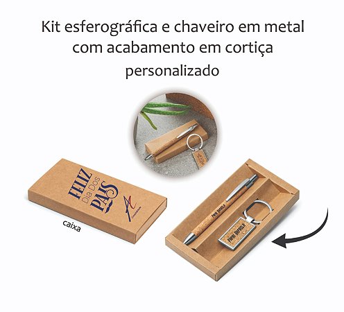 Kit esferográfica e chaveiro em metal com acabamento em cortiça Dia dos Pais personalizado como desejar