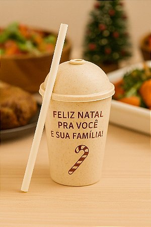 Copo Fibra de Madeira 450ml com canudo Natal