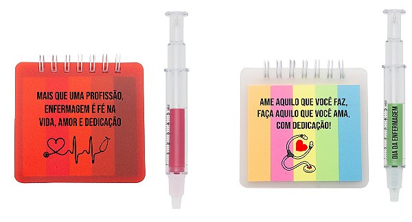Kit Bloco de Anotações + Caneta Seringa Personalizados Com a Sua Logo