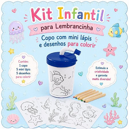 Copo de Viagem Infantil Com Canudo + 3 Desenhos + 6 Mini Lápis de cor