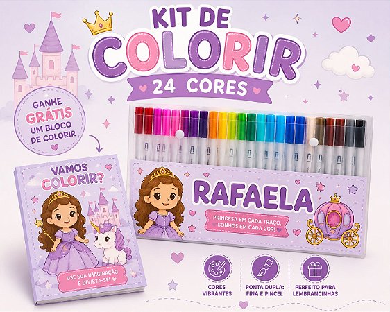 Kit Canetinhas Ponta Dupla Com 24 Cores Personalizado Como Desejar + Bloquinho de Colorir de Brinde