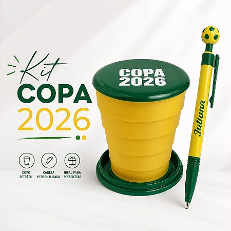 Kit Caneta Bola + Copo Retrátil 130ml Personalizado Copa do Mundo