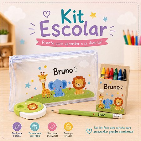 Kit Escolar Personalizado Estojo + Borracha + Giz de Cera + Lápis de Escrever