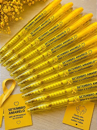 Caneta Plástica Personalizada Setembro Amarelo - Kit com 15 Unidades
