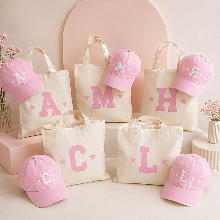 Kit Sacola Eco Bag + Boné Personalizado com Inicial Direto na Peça- Kit 10 Unidades