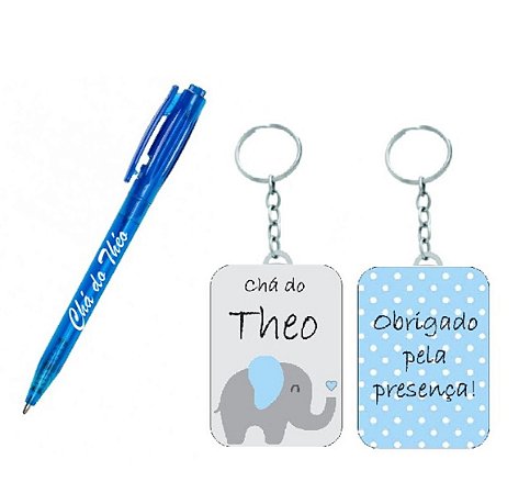Kit Chaveiro e Caneta Especial Elefantinho Azul e Cinza ( 15 UNIDADES )