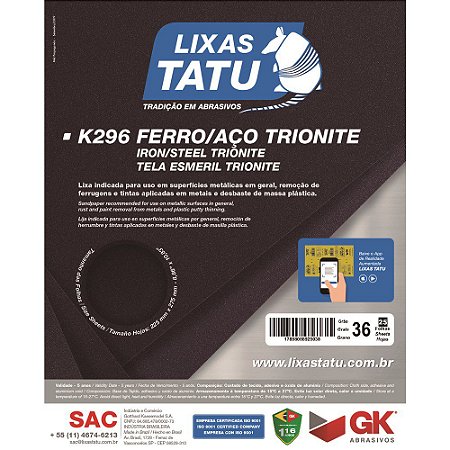 Lixa Ferro Tatu Grao 36 Trionite K296 (25 Unidades)