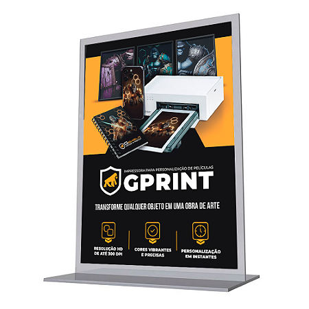 Display de mesa + Folheto de divulgação - Máquina Impressora para personalização de Películas Gprint - Gshield