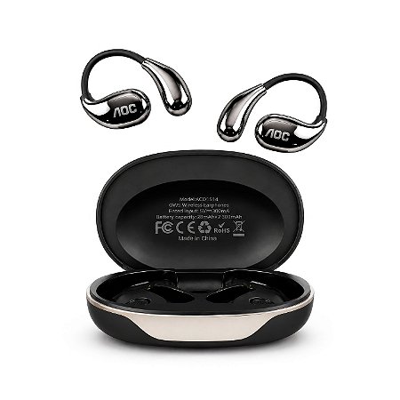 Fone Auricular Open-Ear Clip Earbuds Bluetooth 5.4 Open Stereo Sem Fio com Alcance até 10 metros, Baixa Latência, Tradução Simultânea por IA e Microfone Integrado - Preto - AOC