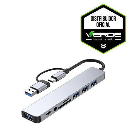 Adaptador 8 em 1 - Tipo C / P2 / USB-A 3.0 / TF / SD - Verde