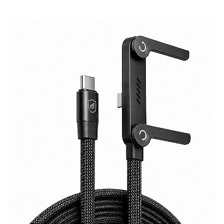 Cabo Trançado Preto 1M Tipo-C / Tipo-C 2 em 1 com Suporte de Metal Integrado, Conector Lateral e Carregamento até 240W - ArmorStand - Gshield