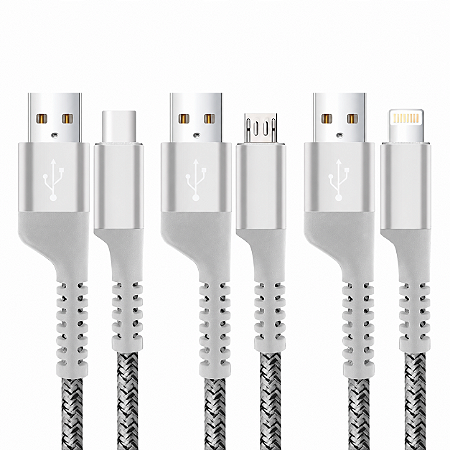 Cabo Lightning / USB-A | Micro USB -A |Tipo C / USB-A 1M Nylon Trançado, Carregamento Rápido 3A e Transferência de Dados 480Mbps - Branco - Fish Kevlar
