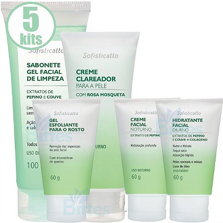5 KIT FACIAL PEPINO E COUVE SOFISTICATTO COSMÉTICOS USO DIÁRIO ATACADO