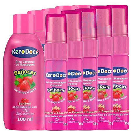 5 KIT SEXSHOP BEIJOCAS SOFISTICATTO COSMÉTICOS MORANGO E NATA BEIJÁVEL ATACADO