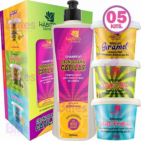 5 Kit Cronograma Hábito Cosméticos Hidra, Nutre e Reconstrói Atacado