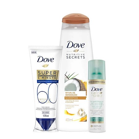 Kit Dove Shampoo Ritual de Reparação 400ml + Super Condicionador Fator de Nutrição 60 170ml + Shampoo a Seco Care On Day 2 75ml