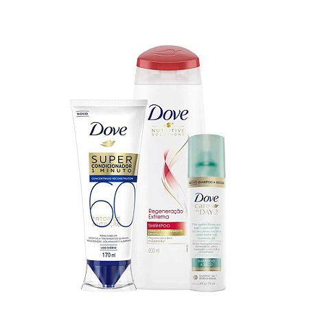 Kit Dove Shampoo Regeneração Extrema 200ml + Super Condicionador Fator de Nutrição 60 170ml + Shampoo a Seco Care On Day 2 75ml