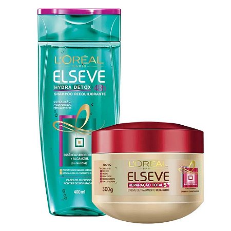 Kit Elseve Shampoo Hydra Detox 48h Antioleosidade 400ml + Creme de Tratamento Reparação Total 5 300ml