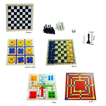 Kit de 5 Jogos de Tabuleiro - Dama Jogo Da Velha Ludo Trilha Xadrez