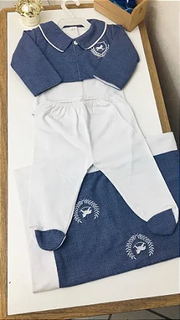 Saida de Maternidade Body Colete Calça e Manta Azul mescla 0391 - Bilu Teteia