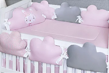 Kit Berço 12 peças 100% Algodão Nuvenzinha Coelho Rosa 71360 - Balu Baby