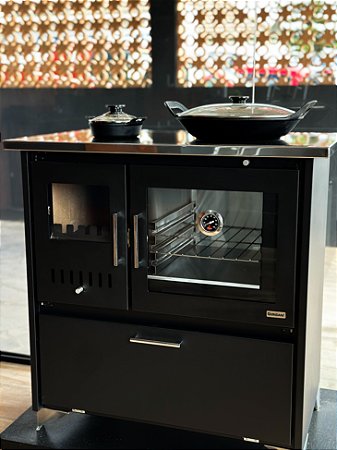 Fogão a Lenha de Dupla Combustão Camino com Chapa Vitroceramica