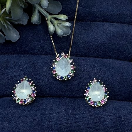 Conjunto Gota Verde Semijoia Ouro
