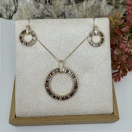 Conjunto Mandala Colorida Semijoia Ouro