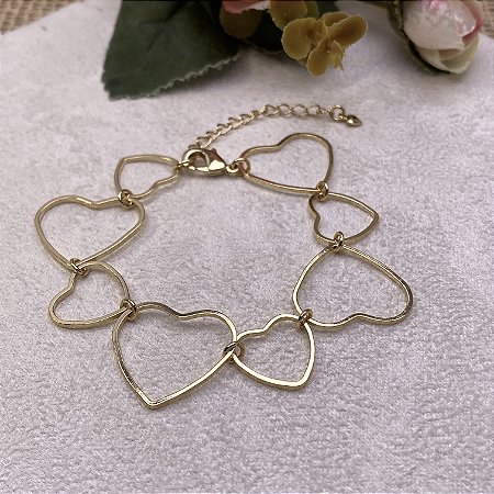 Pulseira Elos Corações Fininhos Semijoia Ouro