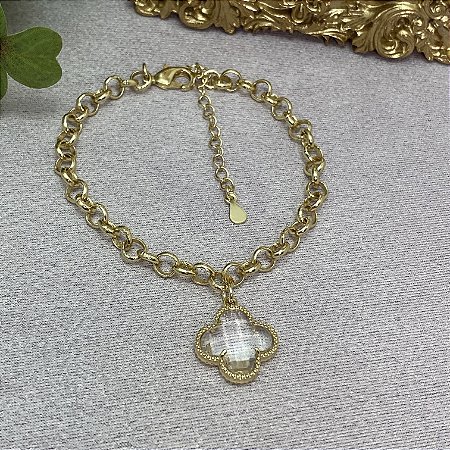 Pulseira Trevo Cristal Semijoia Ouro
