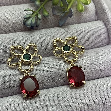 Brinco Flor Verde e Vermelho Semijoia Ouro