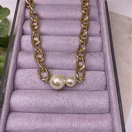 Colar Elos com 2 Pérolas Semijoia Ouro