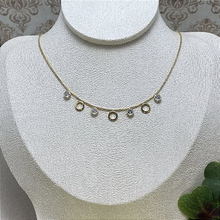Colar Choker 3 Círculos 4 Zircônias Semijoia Ouro