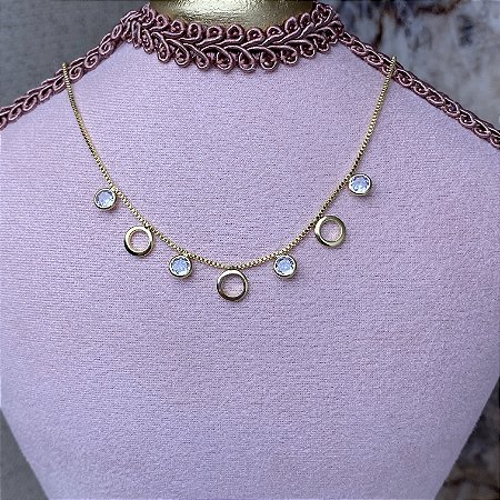Colar Choker 3 Círculos 4 Zircônias Semijoia Ouro