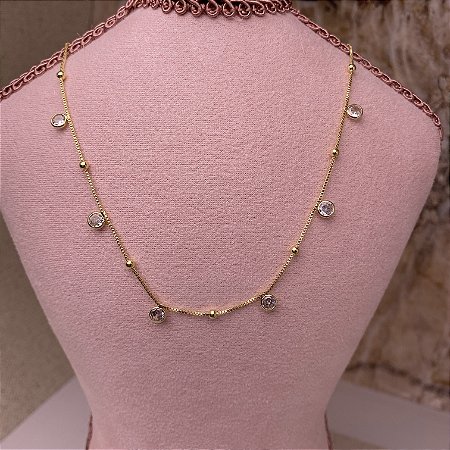 Colar 6 Zircônias com Bolinhas Semijoia Ouro