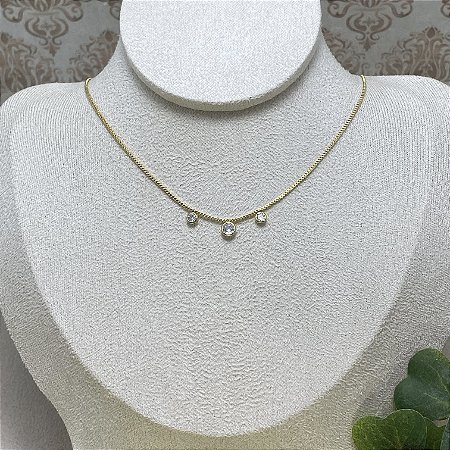 Colar Choker 3 Pontos de Luz Semijoia Ouro