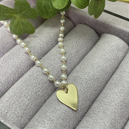 Colar Pérolas e Coração Liso Semijoia Ouro