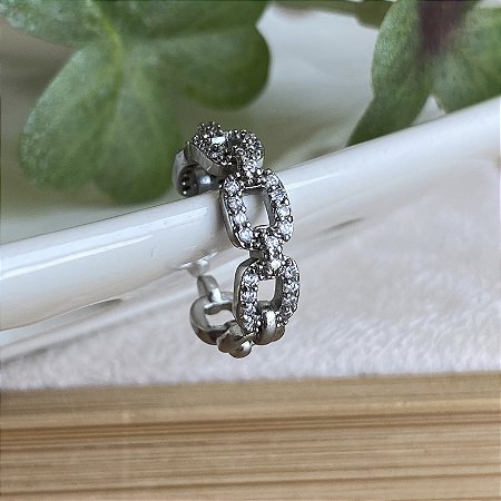 Brinco Falso Piercing 6 Elos Cristal Semijoia Ródio