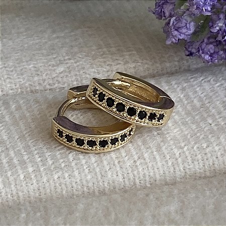 Brinco Argolinha 1 Fileira Zircônia Negra Semijoia Ouro